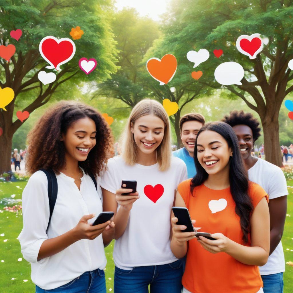 A whimsical scene depicting a diverse group of smiling people interacting via their smartphones in a vibrant park, surrounded by heart symbols and digital chat bubbles. The background features trees and bright flowers, embodying a joyful, inviting atmosphere. People of different backgrounds are exchanging fun messages, symbolizing connection and happiness. super-realistic. vibrant colors. white background.