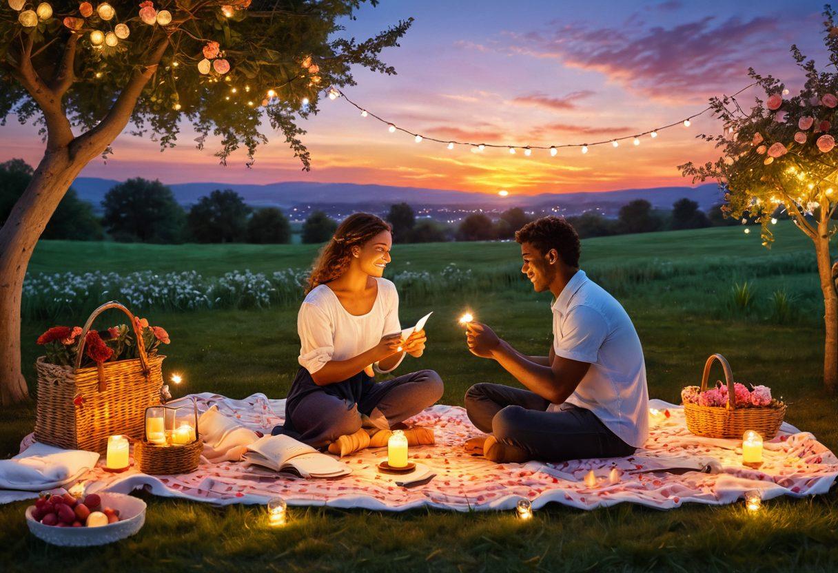 A warm, inviting scene of two people on a cozy picnic, surrounded by blooming flowers and twinkling fairy lights, sharing a laughter while unveiling their dating strategies with vibrant love notes scattered around. The background features a beautiful sunset, symbolizing the transition from fleeting moments to enduring connections. super-realistic. vibrant colors. romantic atmosphere.