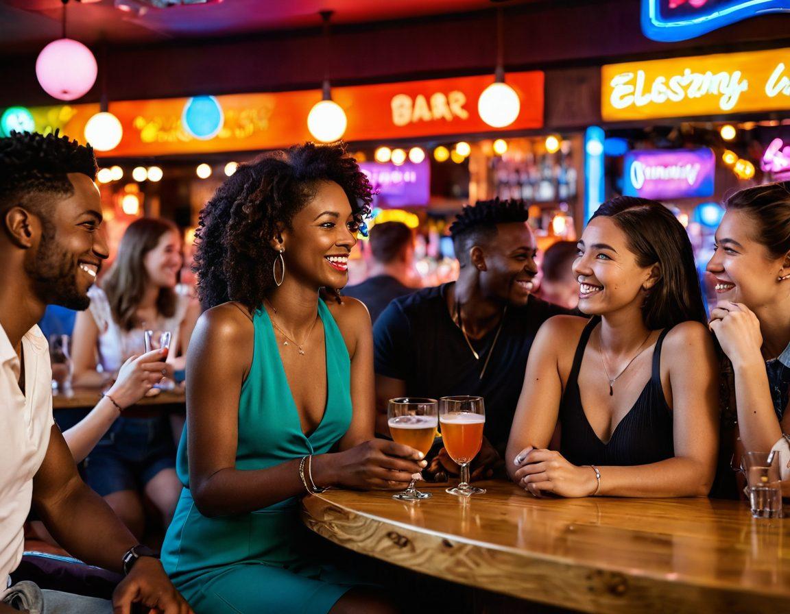 A vibrant scene of a lively bar filled with diverse singles mingling and laughing, with flirty conversations happening. In the foreground, a couple shares a playful moment with drinks in hand, while in the background, colorful neon lights create an inviting atmosphere. Include hints of social media elements like phone screens displaying flirtatious messages. super-realistic. vibrant colors. warm lighting.